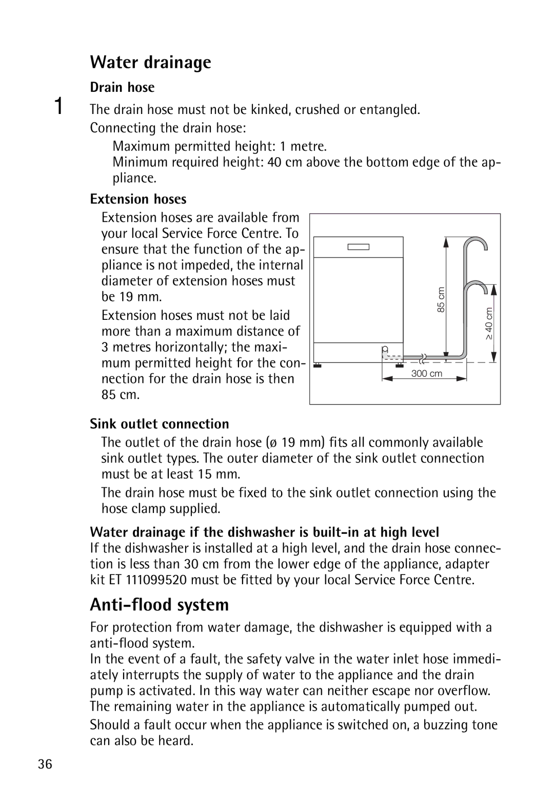 John Lewis JLDWS1202 instruction manual Water drainage, Anti-flood system 