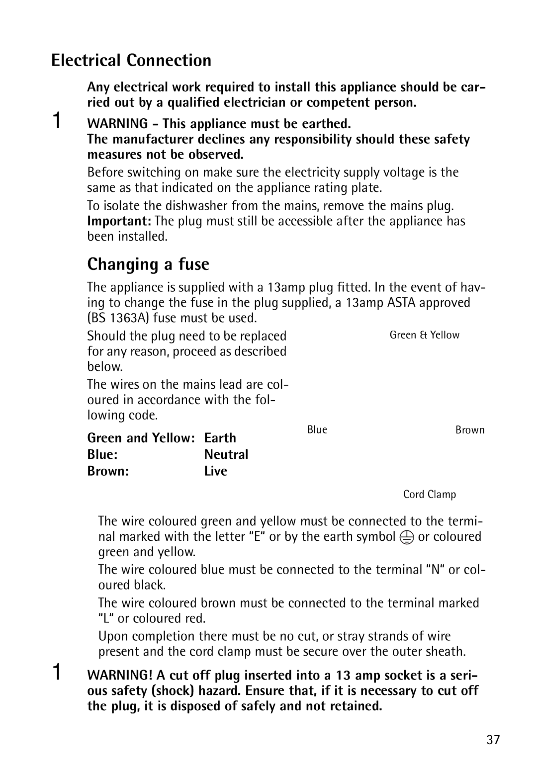 John Lewis JLDWS1202 Electrical Connection, Changing a fuse, Green and Yellow Earth BlueNeutral BrownLive 
