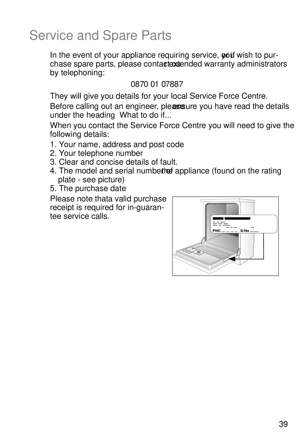 John Lewis JLDWS1202 instruction manual Service and Spare Parts, 0870 01 