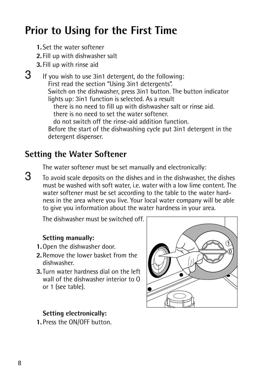 John Lewis JLDWS1202 instruction manual Prior to Using for the First Time, Setting the Water Softener, Setting manually 