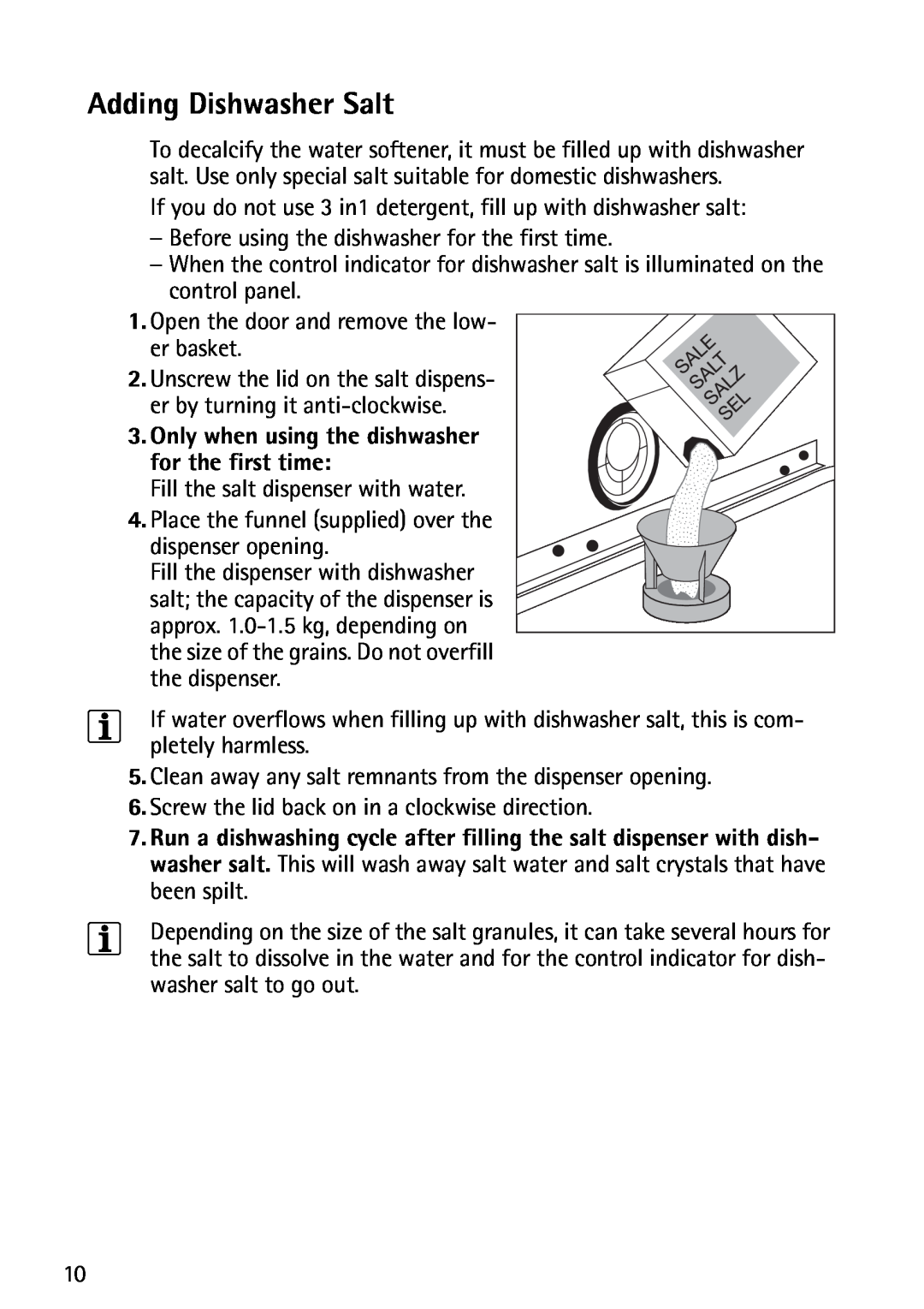 John Lewis JLDWS1202 instruction manual Adding Dishwasher Salt 