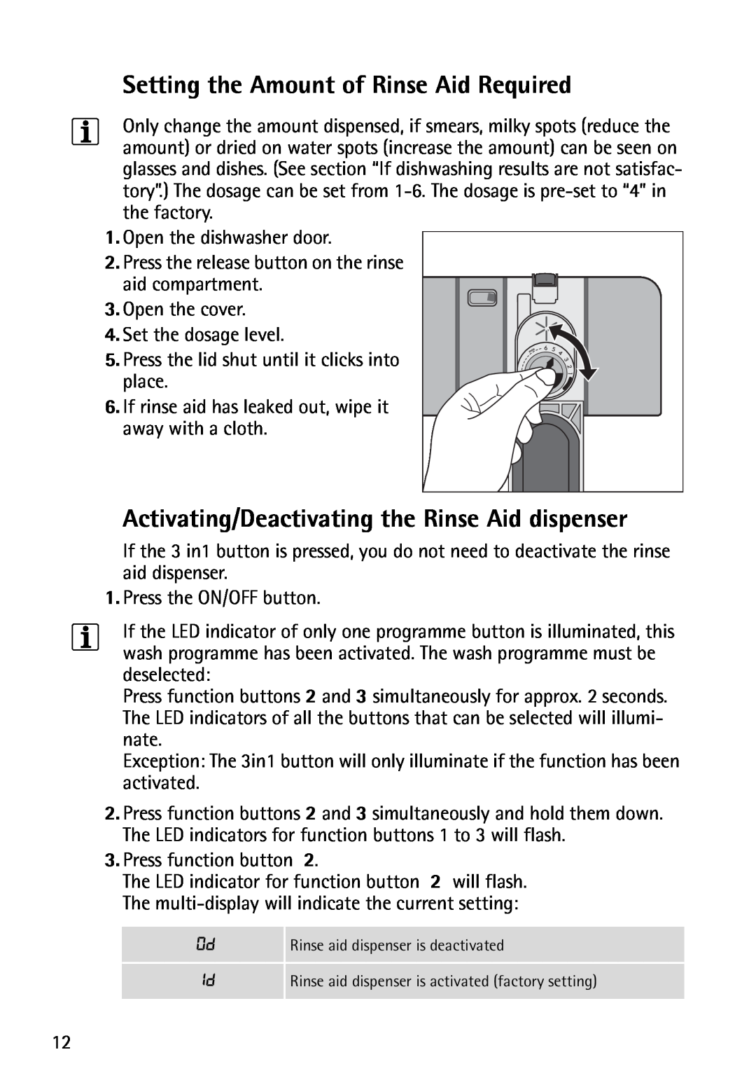 John Lewis JLDWS1202 Setting the Amount of Rinse Aid Required, Activating/Deactivating the Rinse Aid dispenser 
