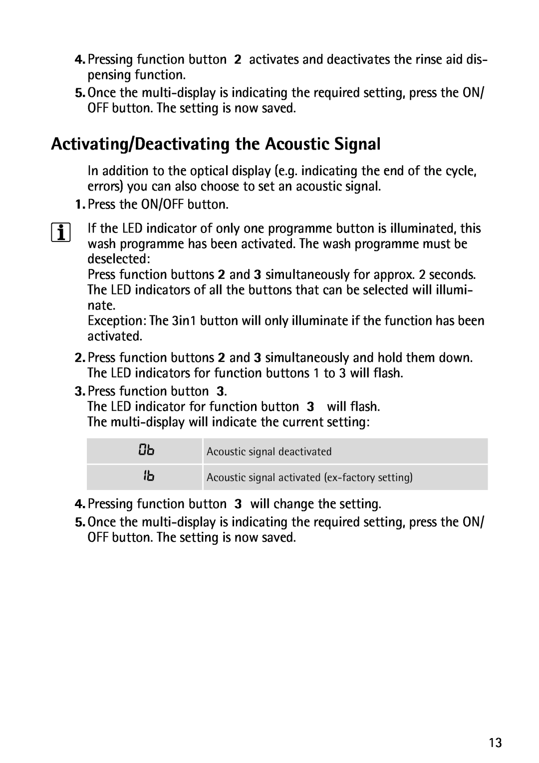 John Lewis JLDWS1202 instruction manual Activating/Deactivating the Acoustic Signal 