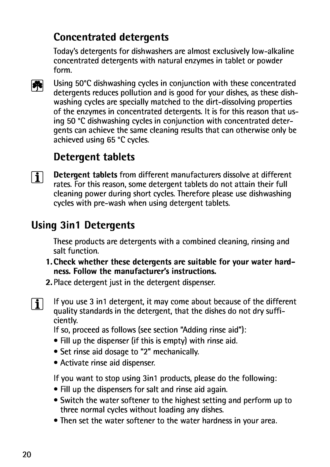 John Lewis JLDWS1202 instruction manual Concentrated detergents, Detergent tablets, Using 3in1 Detergents 