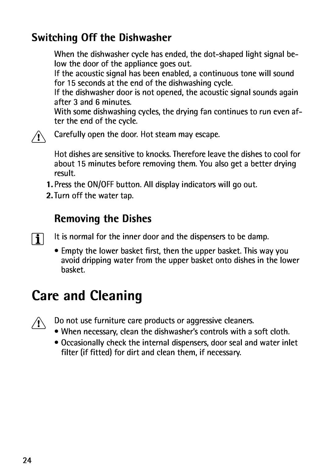 John Lewis JLDWS1202 instruction manual Care and Cleaning, Switching Off the Dishwasher, Removing the Dishes 