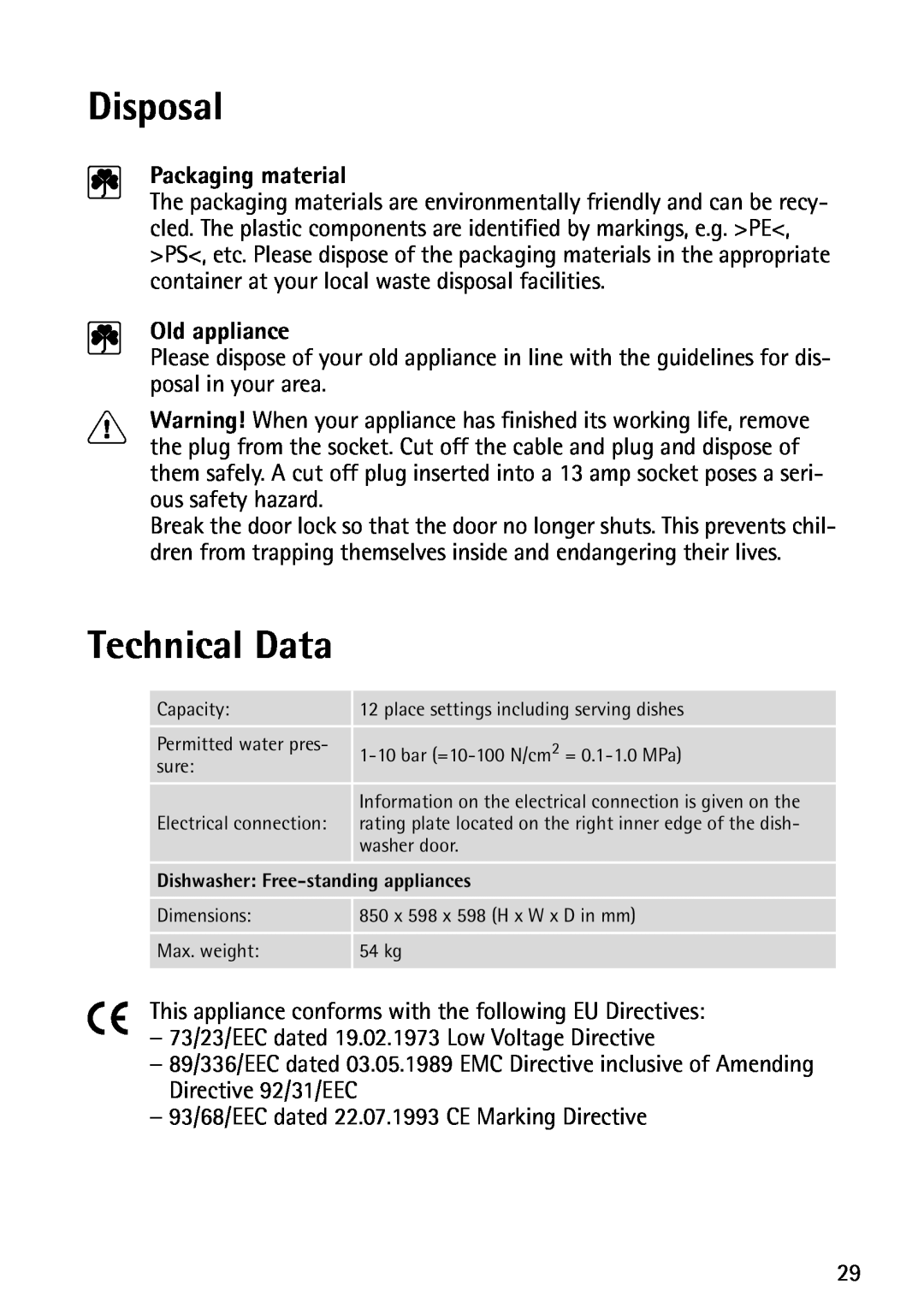 John Lewis JLDWS1202 instruction manual Disposal, Technical Data, Packaging material, Old appliance 