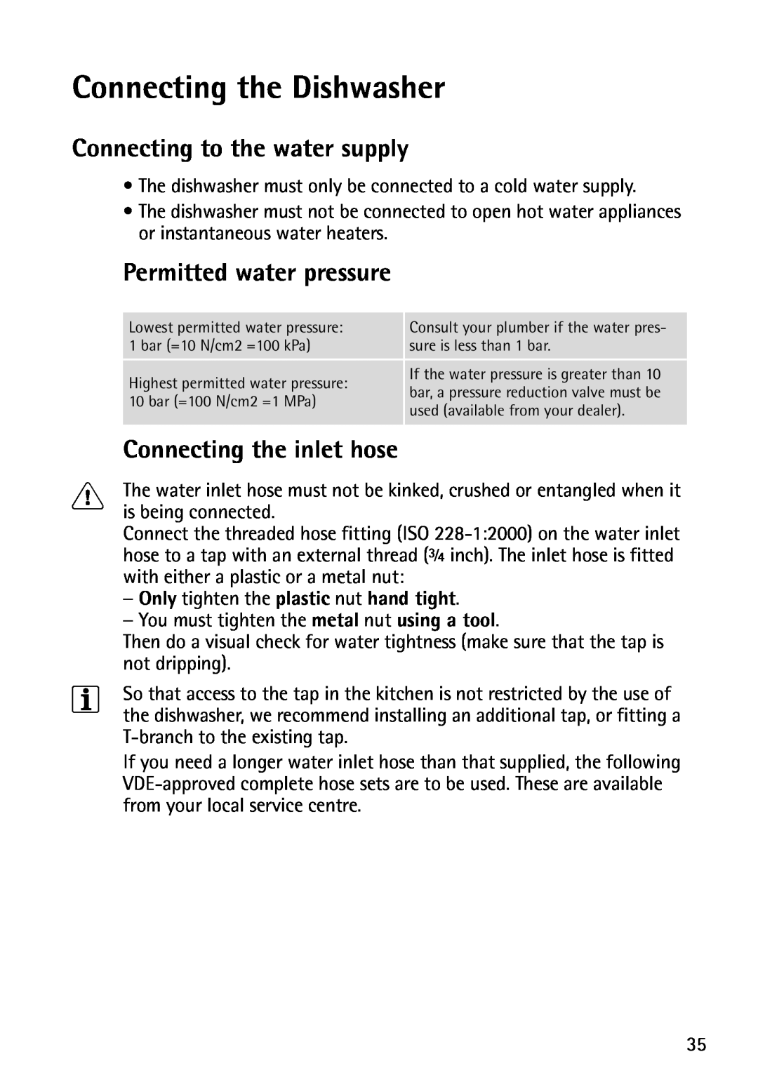 John Lewis JLDWS1202 instruction manual Connecting the Dishwasher, Connecting to the water supply, Permitted water pressure 