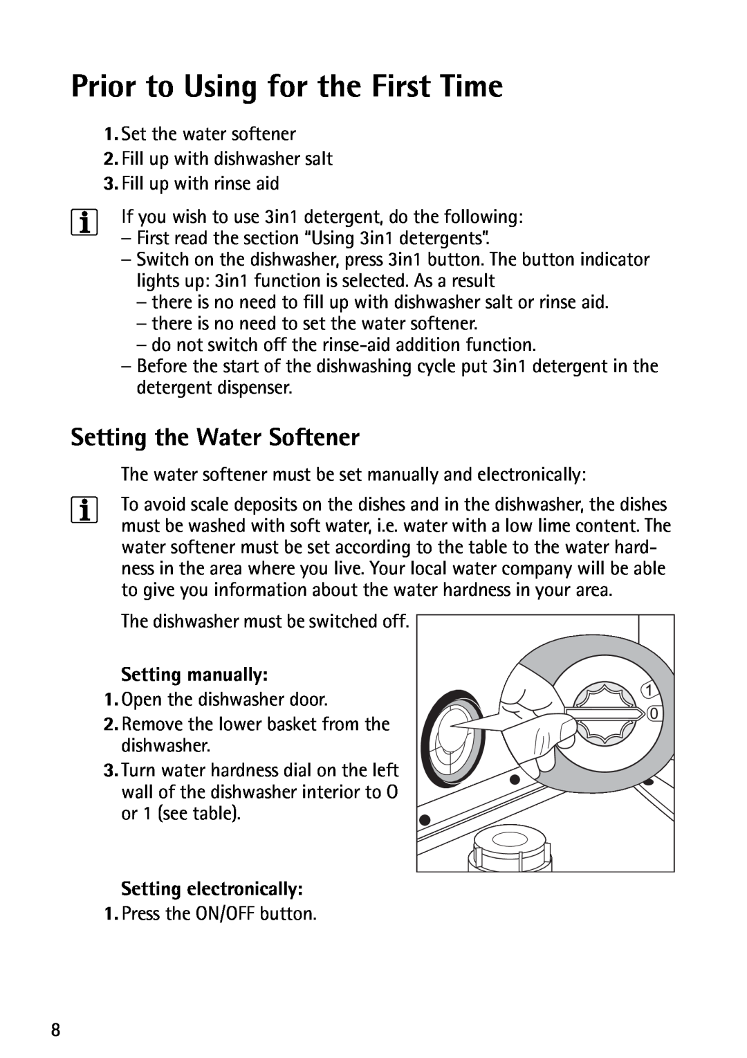 John Lewis JLDWS1202 instruction manual Prior to Using for the First Time, Setting the Water Softener, Setting manually 
