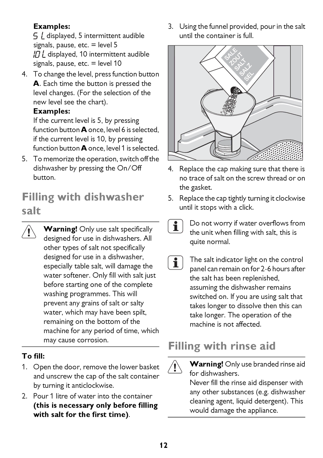 John Lewis JLDWS1208 instruction manual Filling with dishwasher salt, Filling with rinse aid 