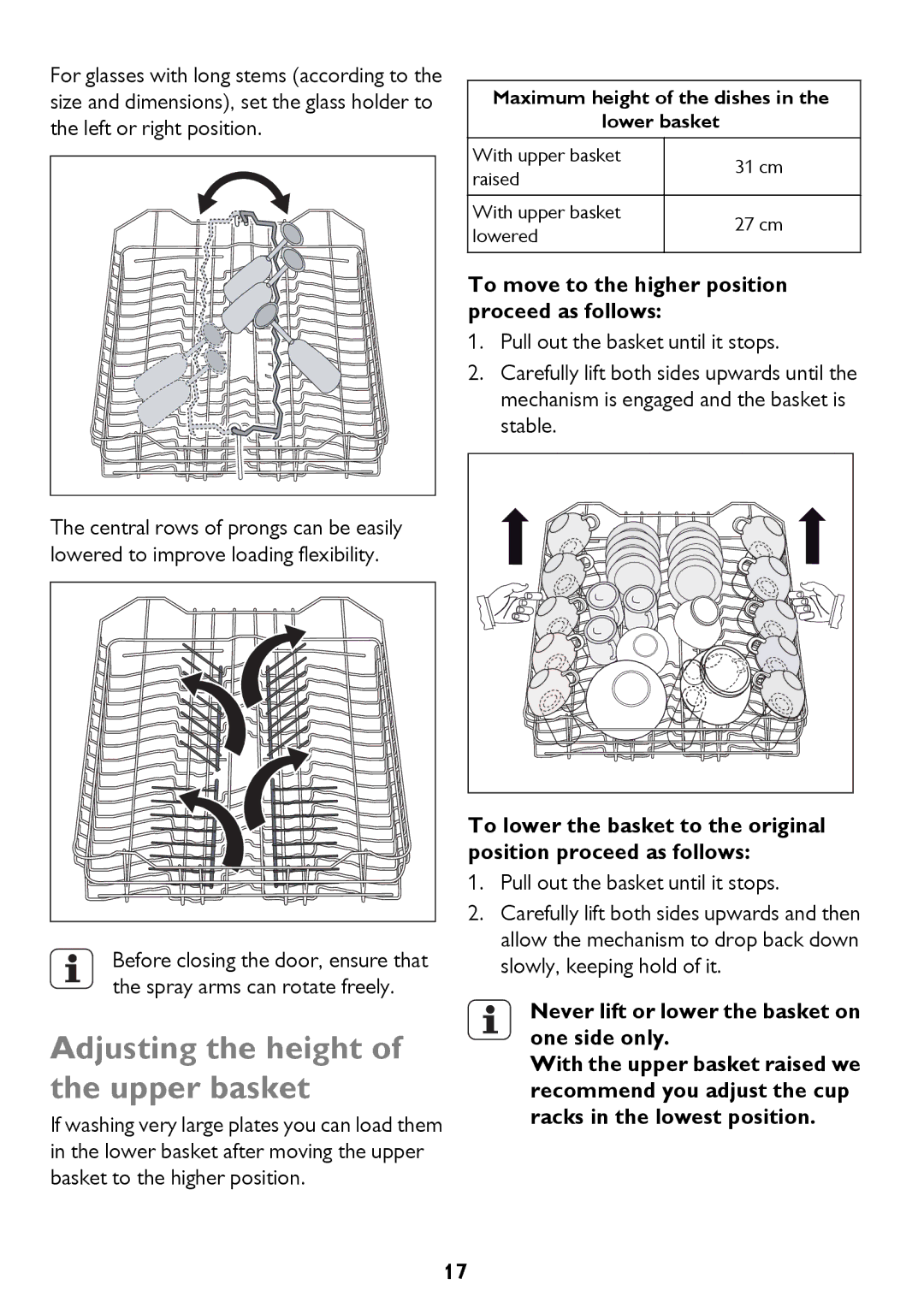 John Lewis JLDWS1208 instruction manual Adjusting the height of the upper basket, Maximum height of the dishes Lower basket 