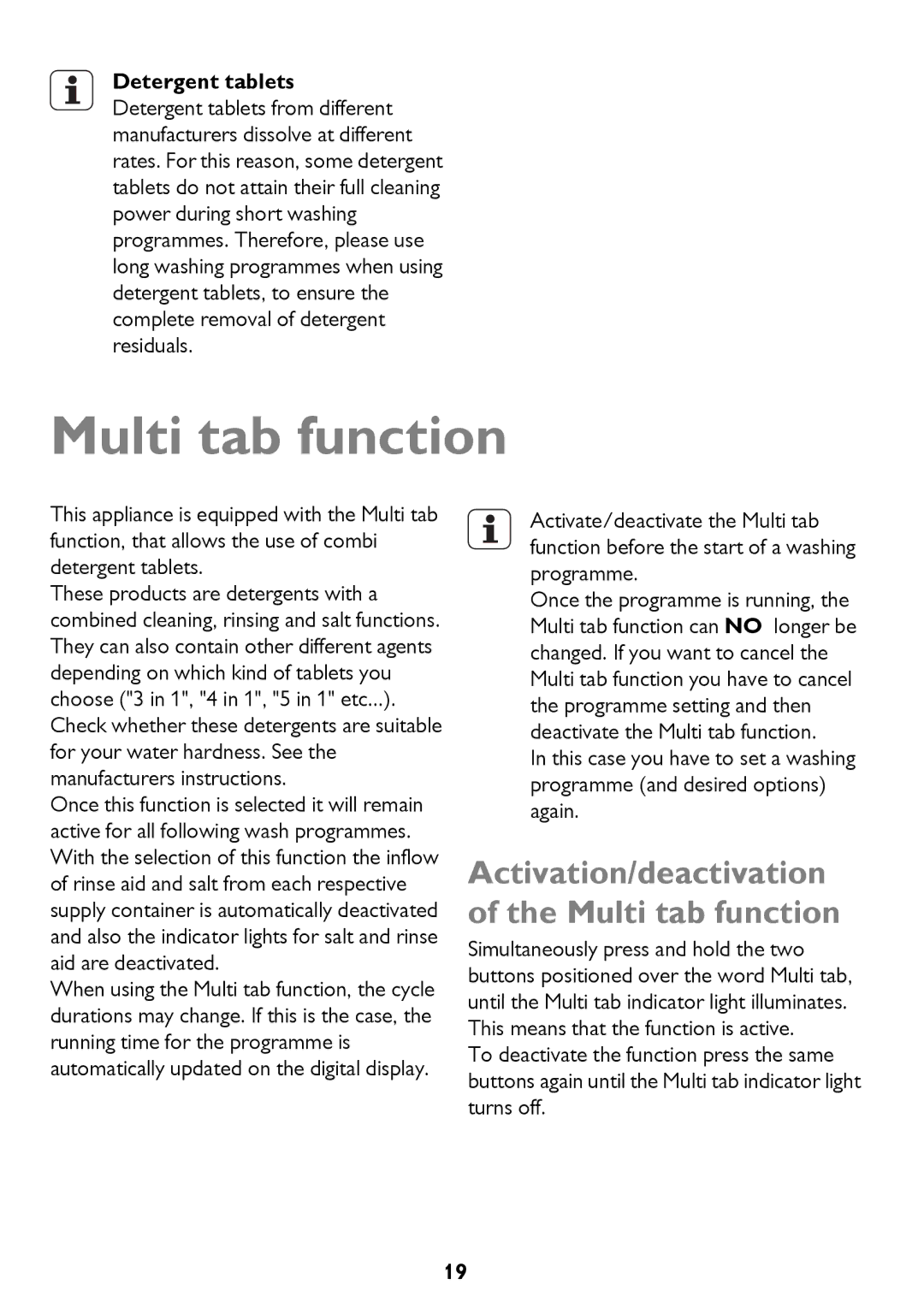 John Lewis JLDWS1208 instruction manual Activation/deactivation of the Multi tab function 