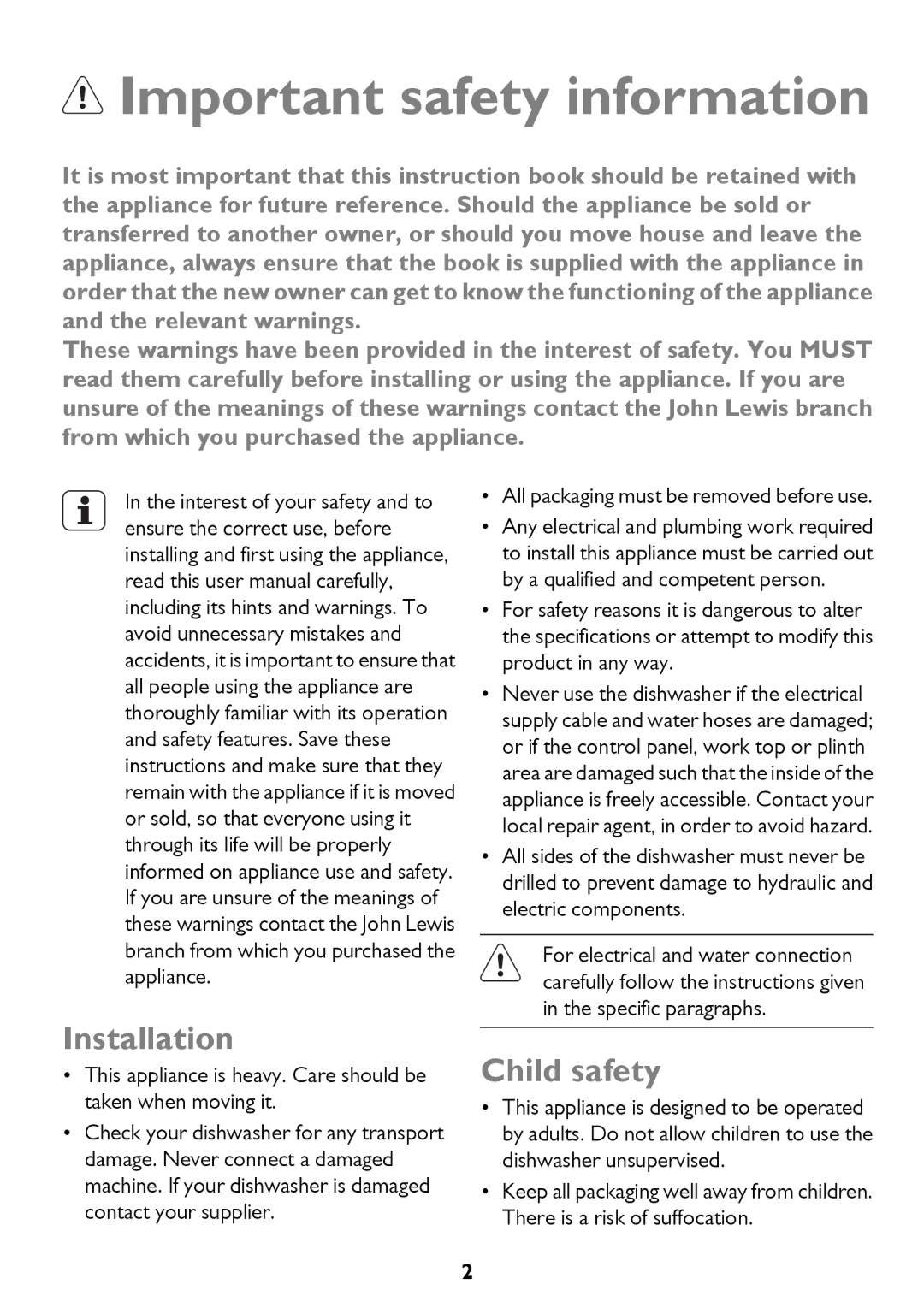 John Lewis JLDWS1208 instruction manual Important safety information, Installation, Child safety 