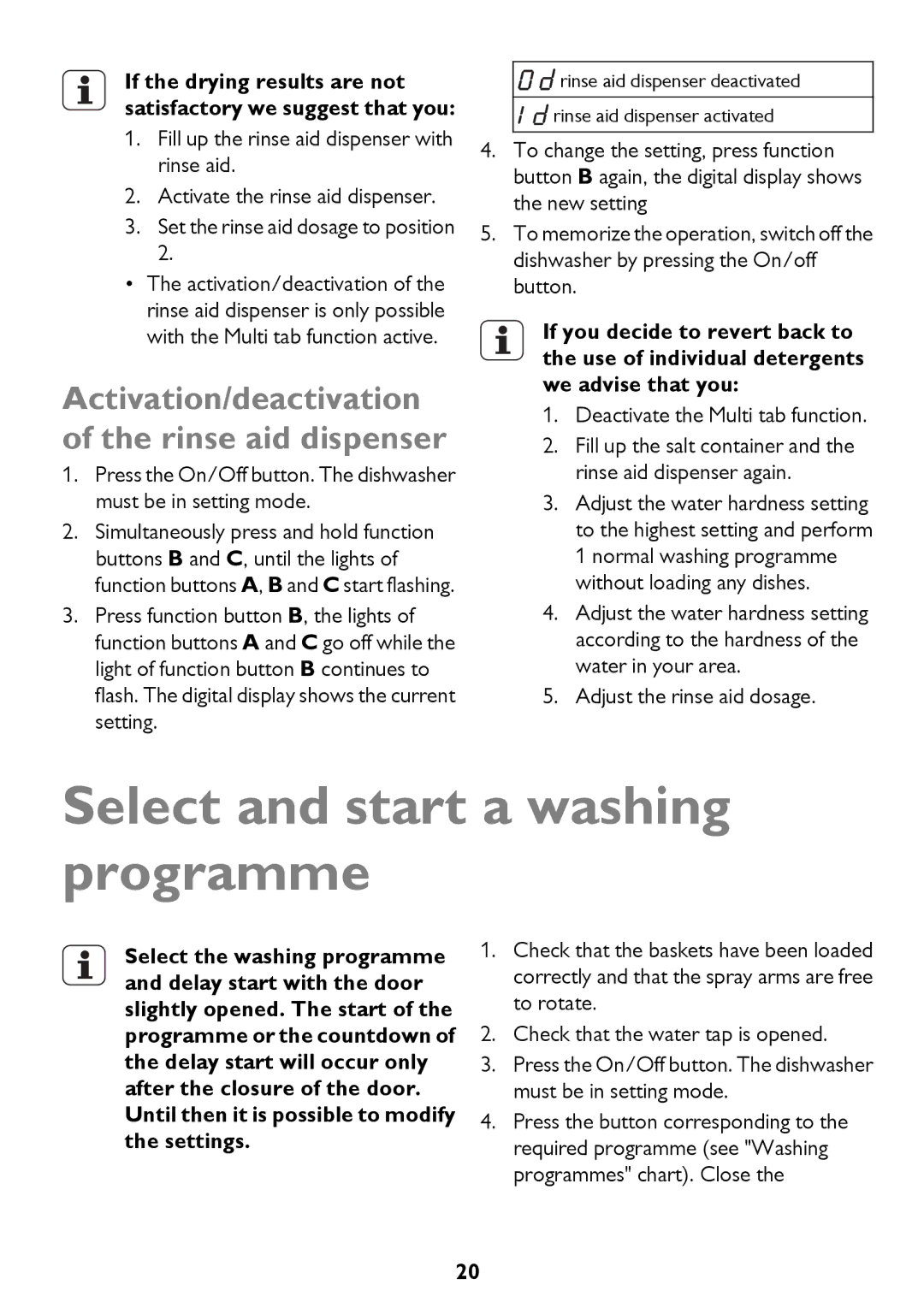 John Lewis JLDWS1208 Select and start a washing programme, Activation/deactivation of the rinse aid dispenser 