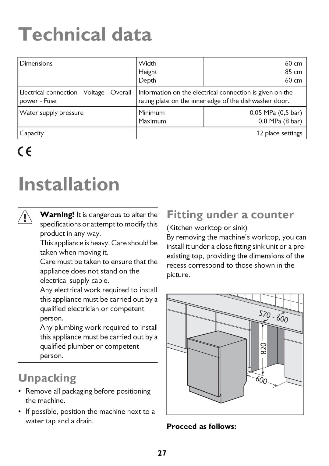 John Lewis JLDWS1208 instruction manual Technical data, Installation, Unpacking, Fitting under a counter 