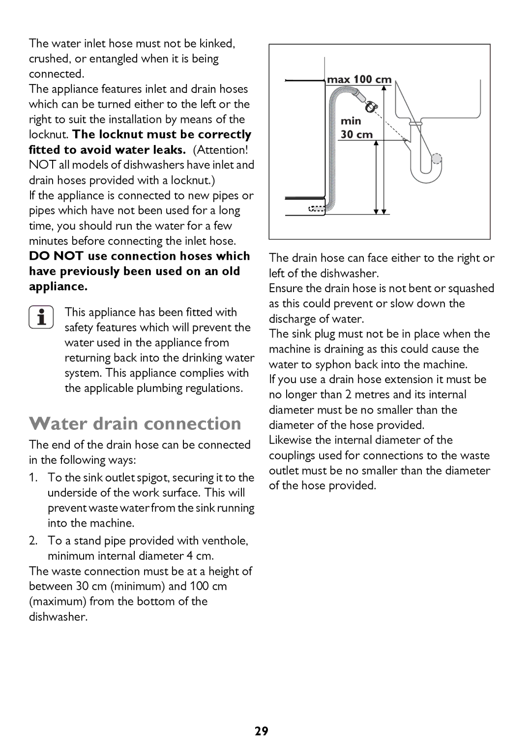 John Lewis JLDWS1208 instruction manual Water drain connection 