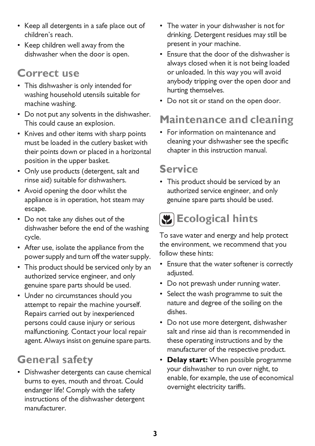 John Lewis JLDWS1208 instruction manual Correct use, General safety, Maintenance and cleaning Service, Ecological hints 