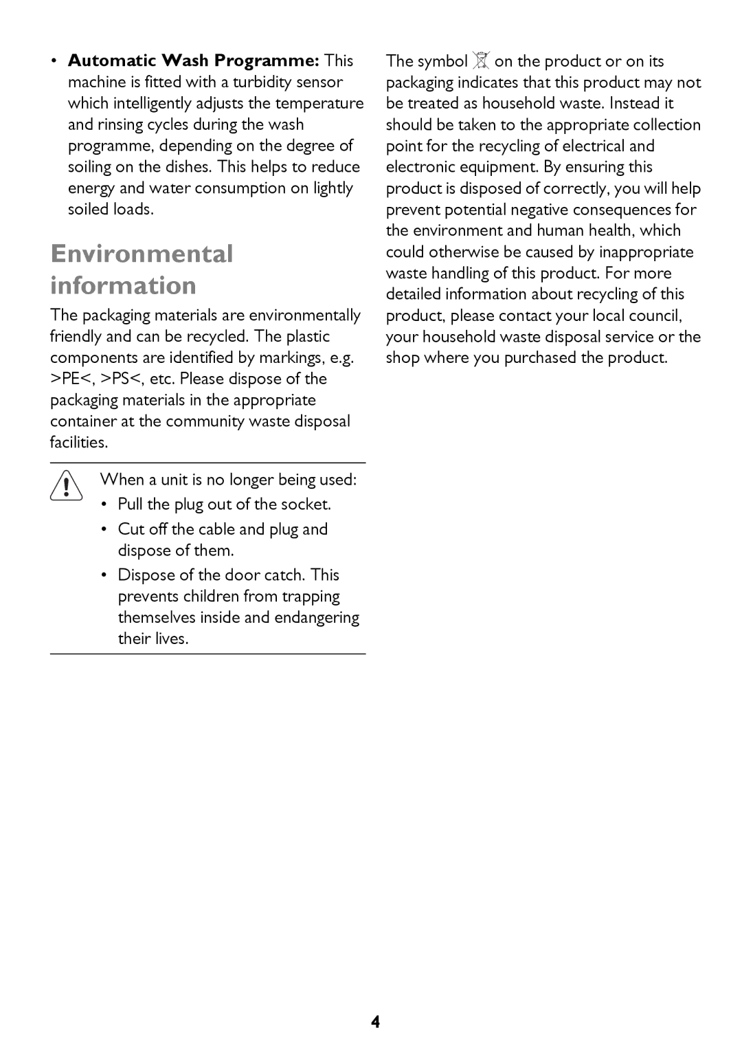 John Lewis JLDWS1208 instruction manual Environmental information 