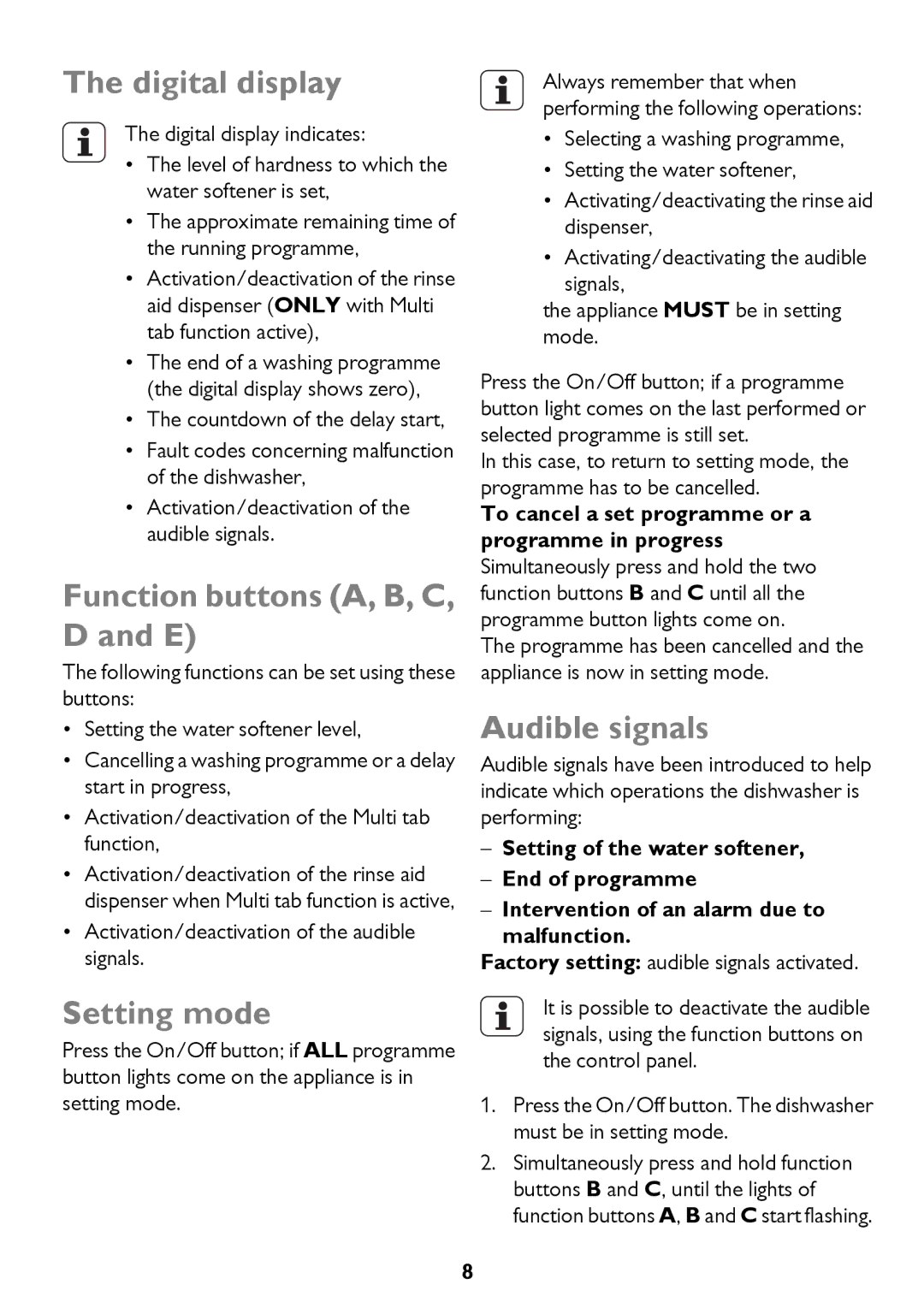 John Lewis JLDWS1208 instruction manual Digital display, Function buttons A, B, C, D and E, Setting mode, Audible signals 