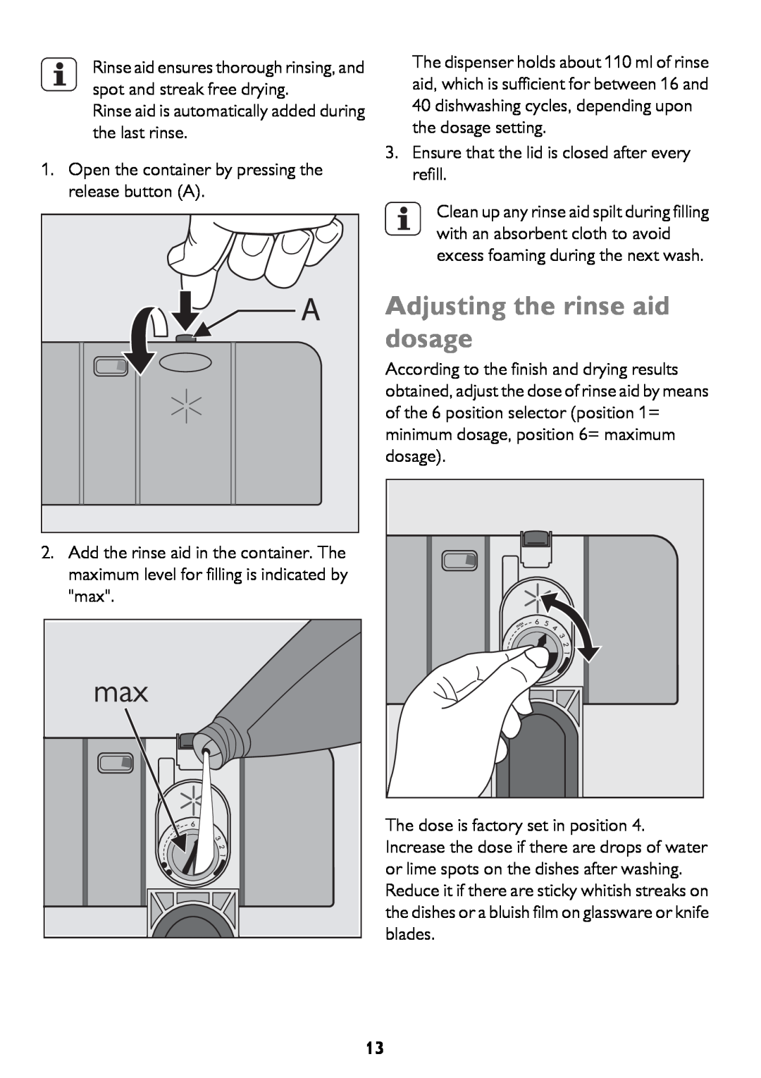 John Lewis JLDWS1208 instruction manual Adjusting the rinse aid dosage 