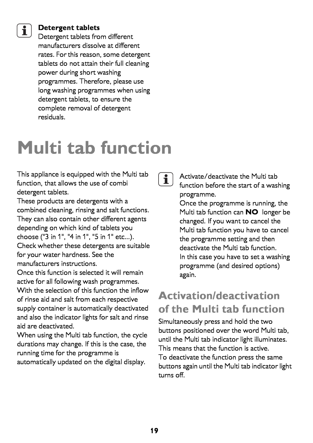 John Lewis JLDWS1208 instruction manual Activation/deactivation of the Multi tab function 