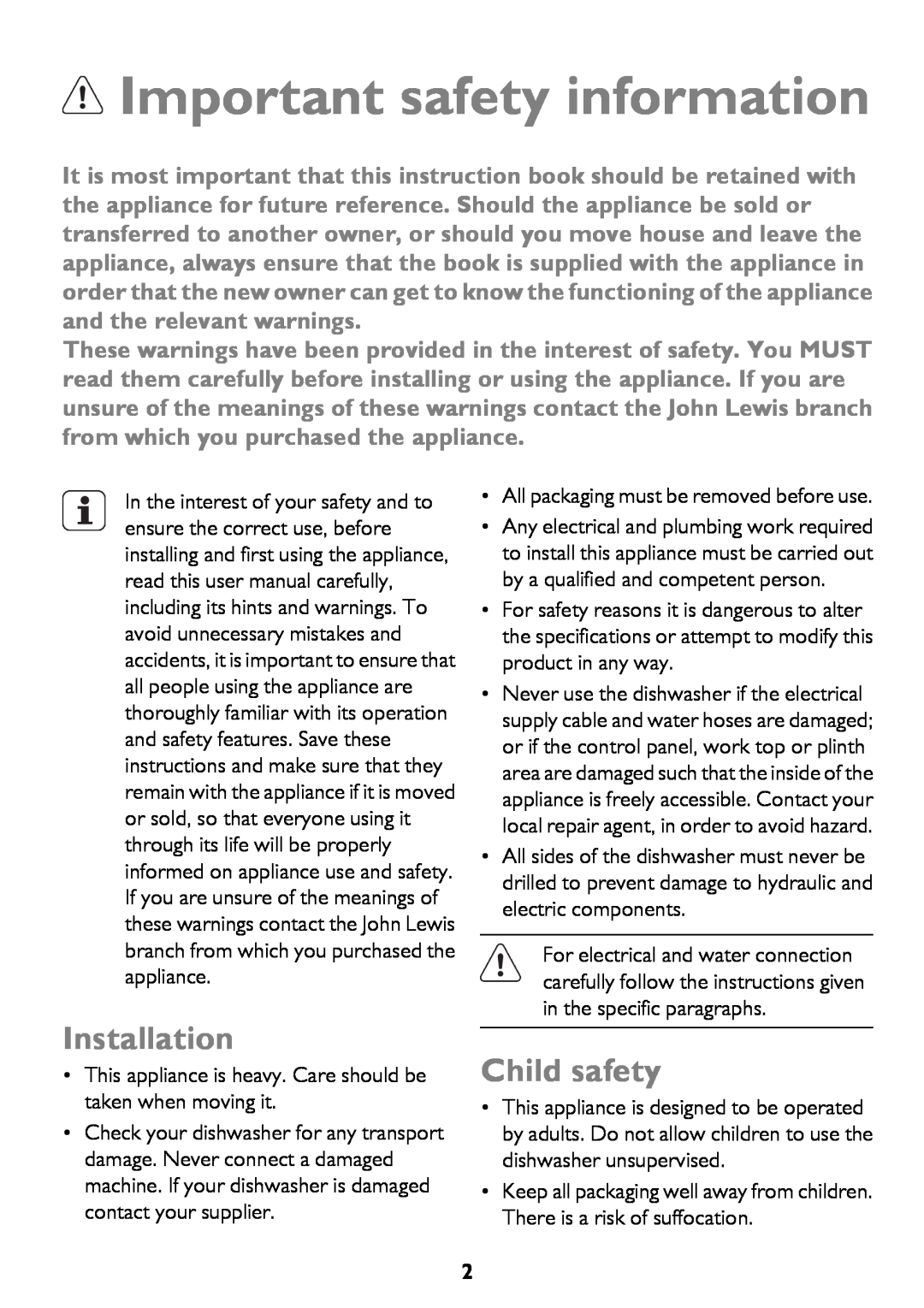 John Lewis JLDWS1208 instruction manual Important safety information, Installation, Child safety 