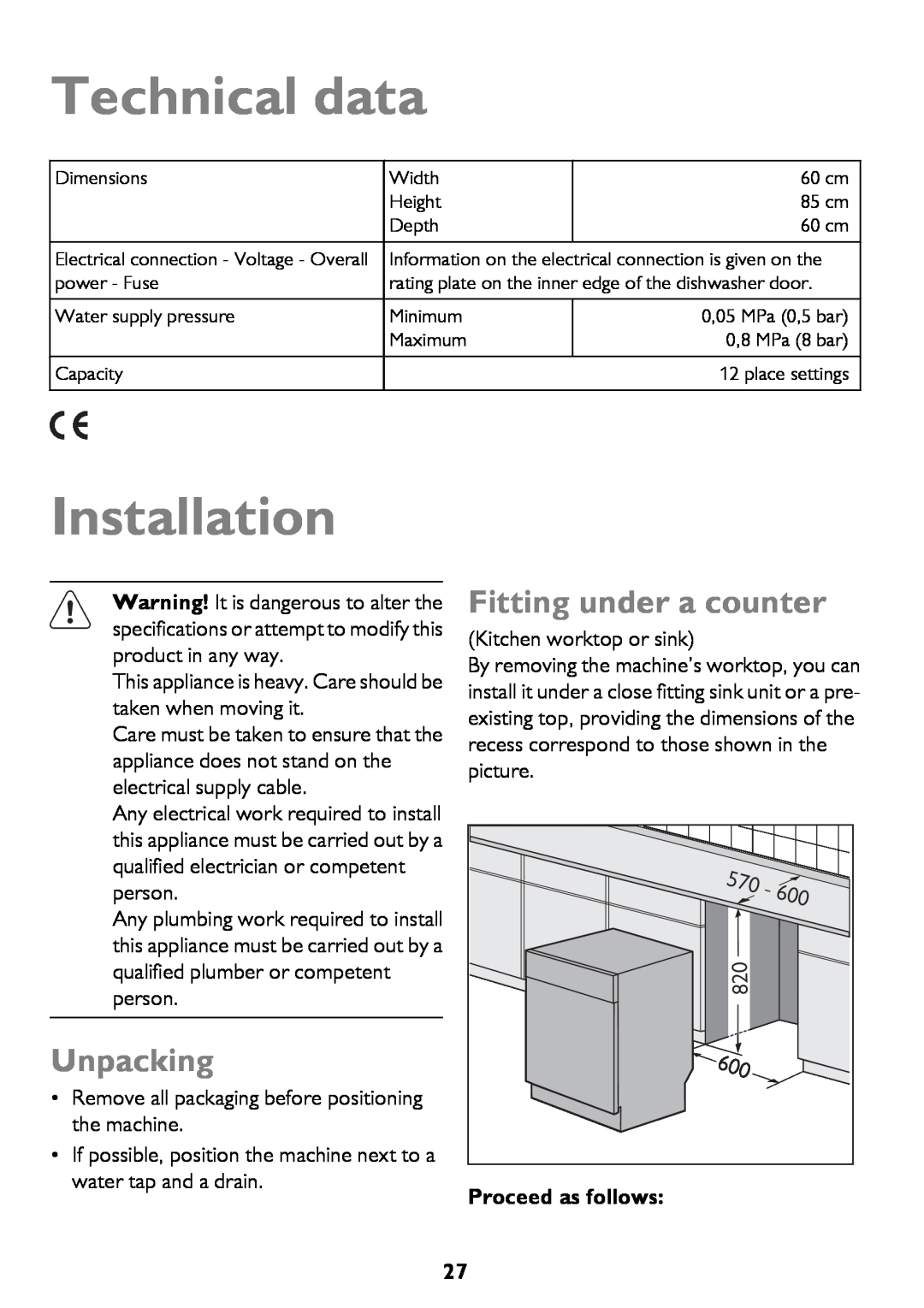 John Lewis JLDWS1208 Technical data, Installation, Unpacking, Fitting under a counter, Proceed as follows 