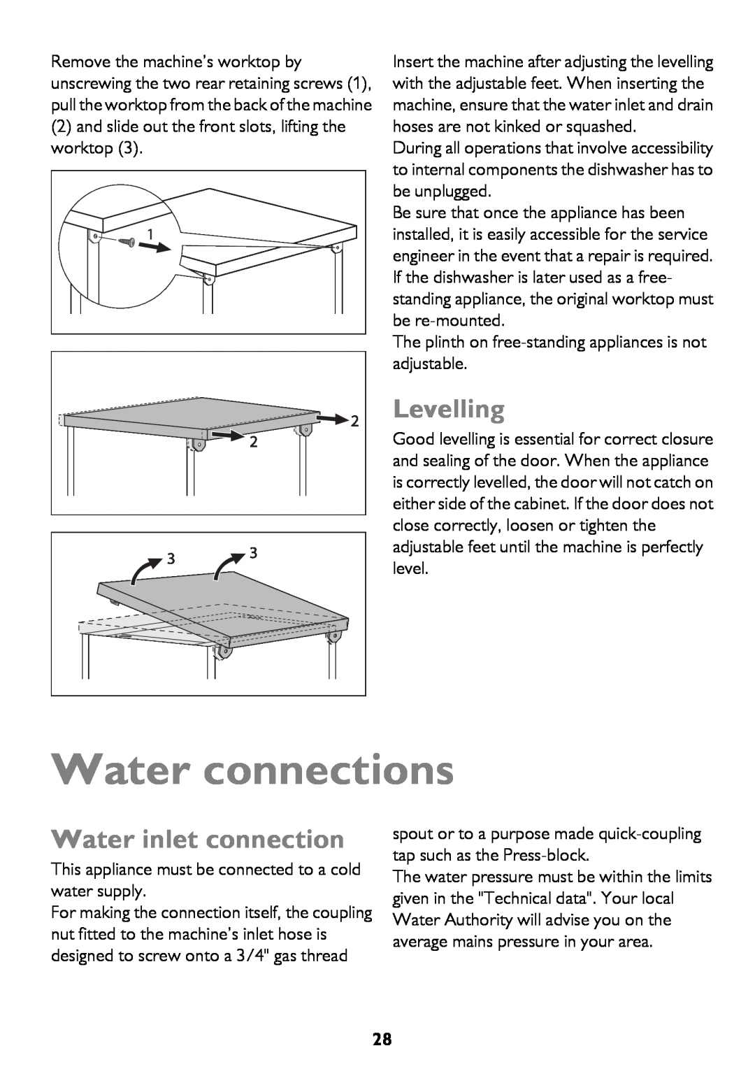 John Lewis JLDWS1208 instruction manual Water connections, Levelling, Water inlet connection 