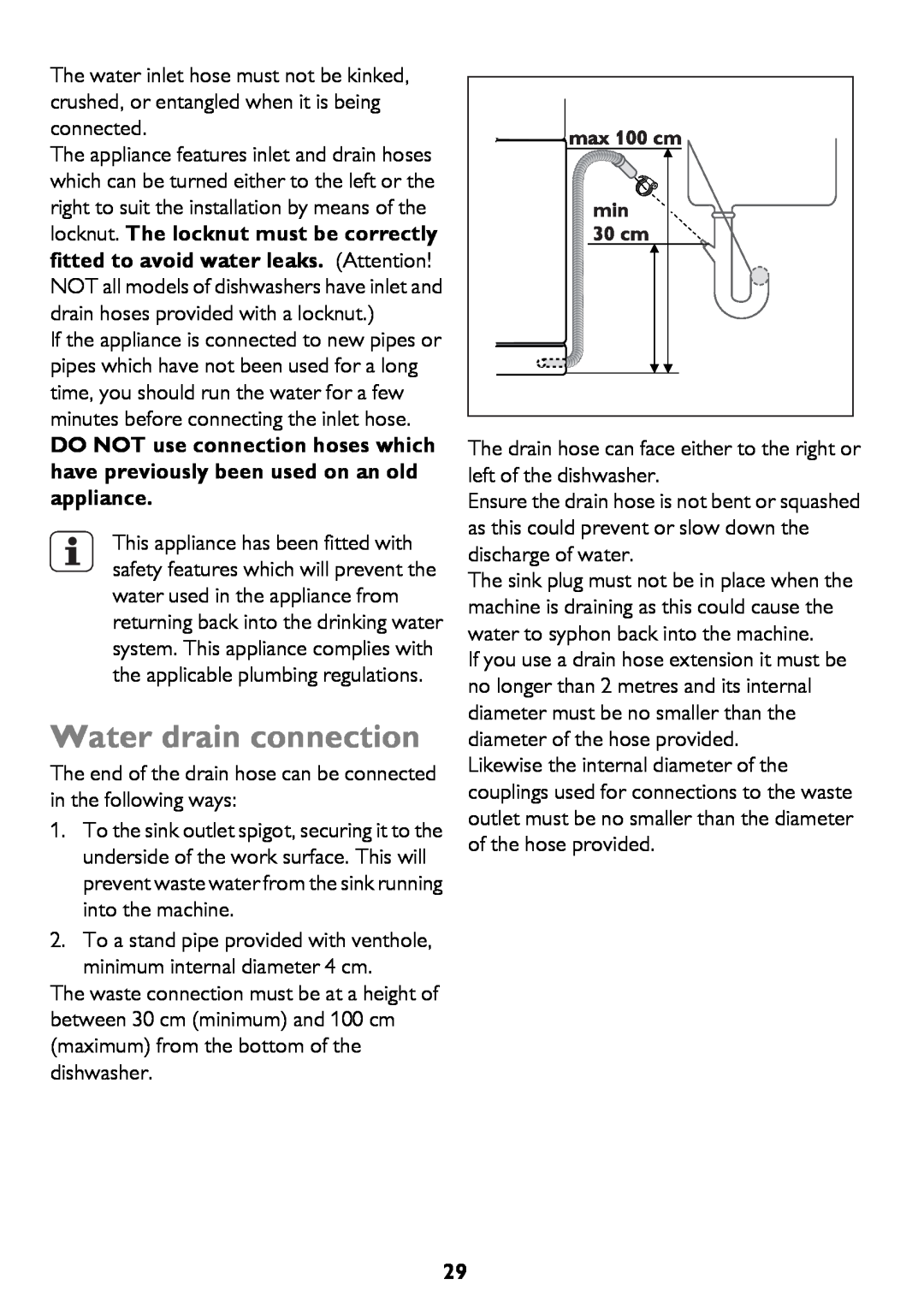 John Lewis JLDWS1208 instruction manual Water drain connection 