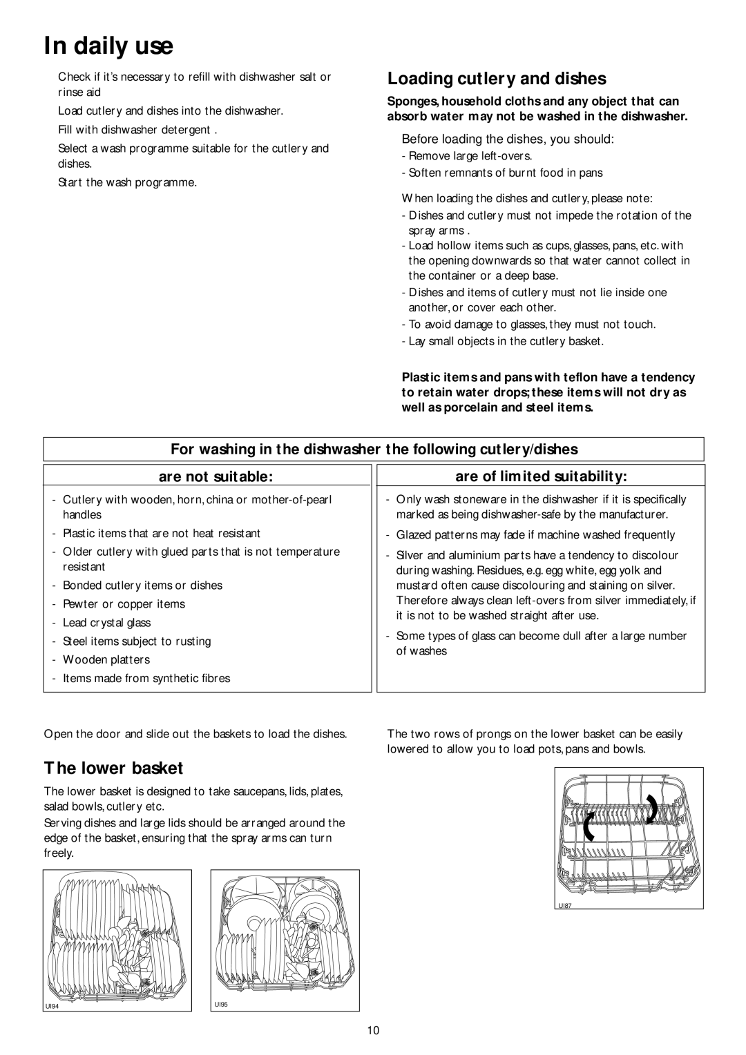 John Lewis JLDWW 1201 instruction manual Daily use, Loading cutlery and dishes, Lower basket, Are of limited suitability 