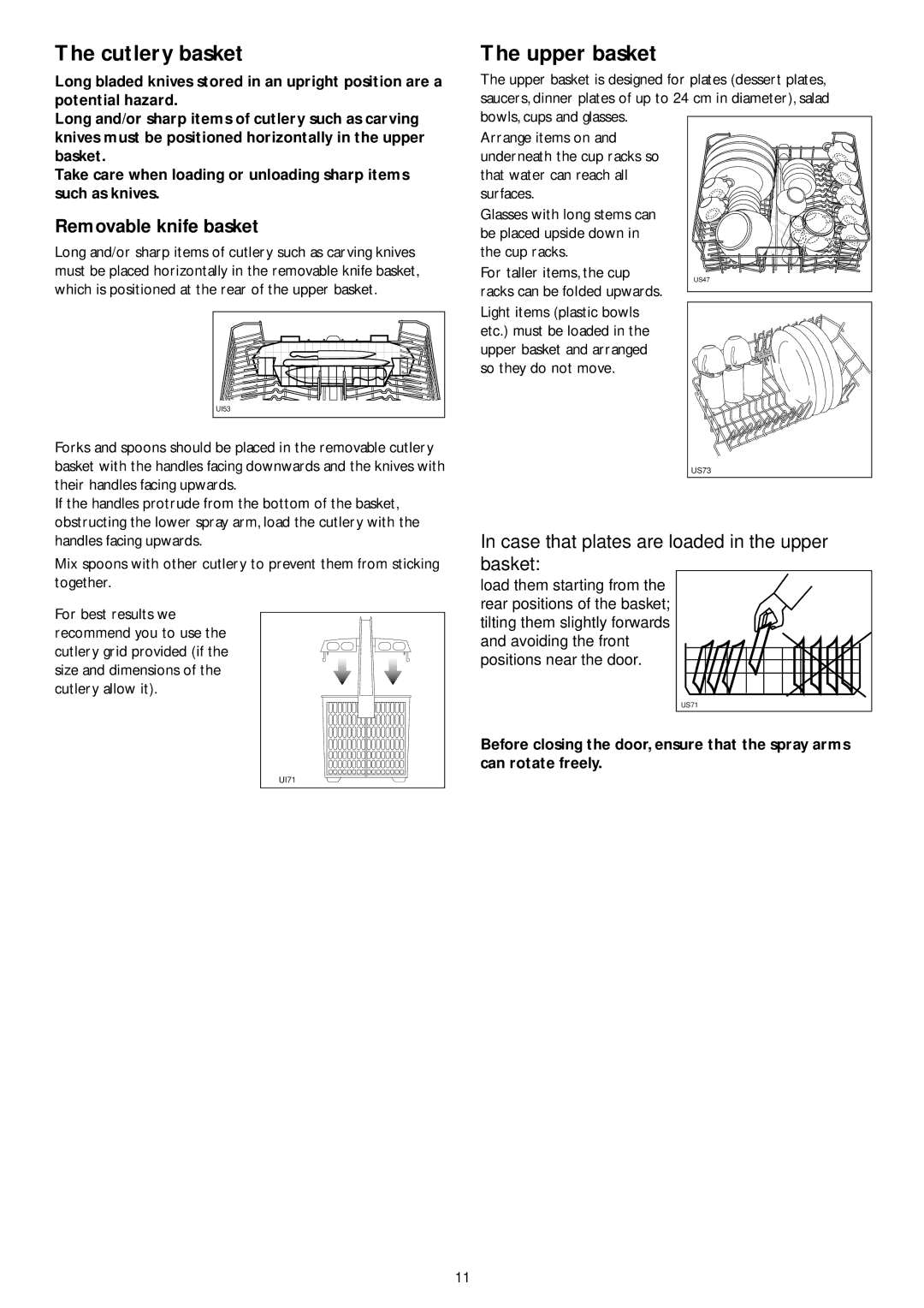 John Lewis JLDWW 1201 instruction manual Cutlery basket, Upper basket, Removable knife basket 