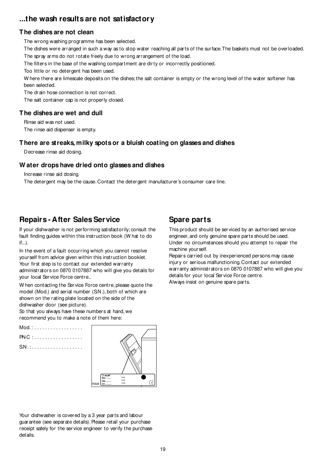 John Lewis JLDWW 1201 instruction manual Wash results are not satisfactory, Repairs After Sales Service, Spare parts 