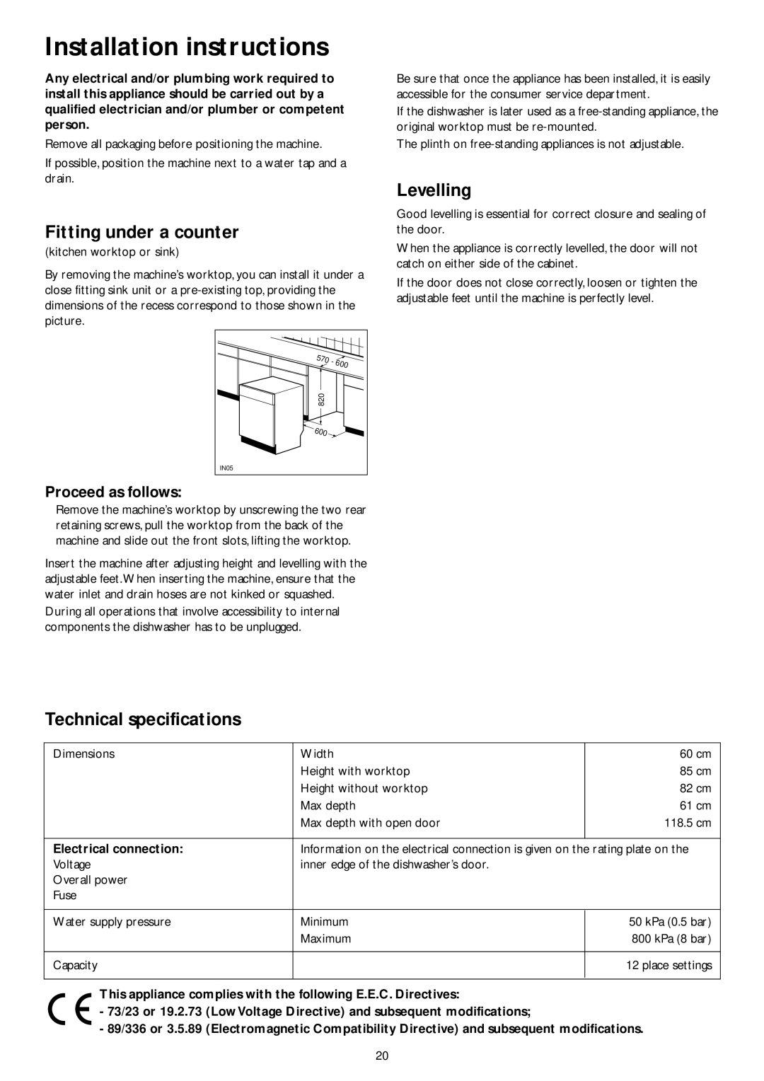 John Lewis JLDWW 1201 Installation instructions, Fitting under a counter, Levelling, Technical specifications 