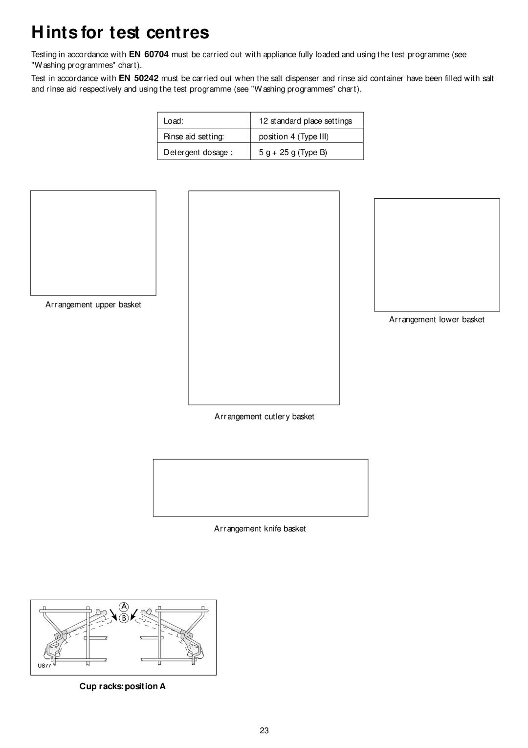 John Lewis JLDWW 1201 instruction manual Hints for test centres, Cup racks position a 