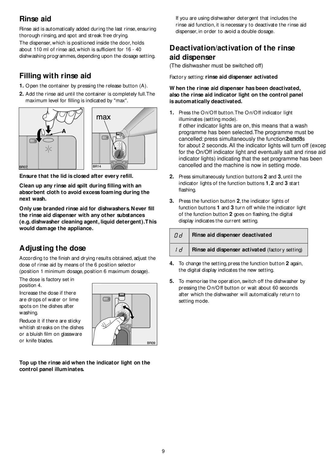 John Lewis JLDWW 1201 instruction manual Rinse aid, Filling with rinse aid, Adjusting the dose 