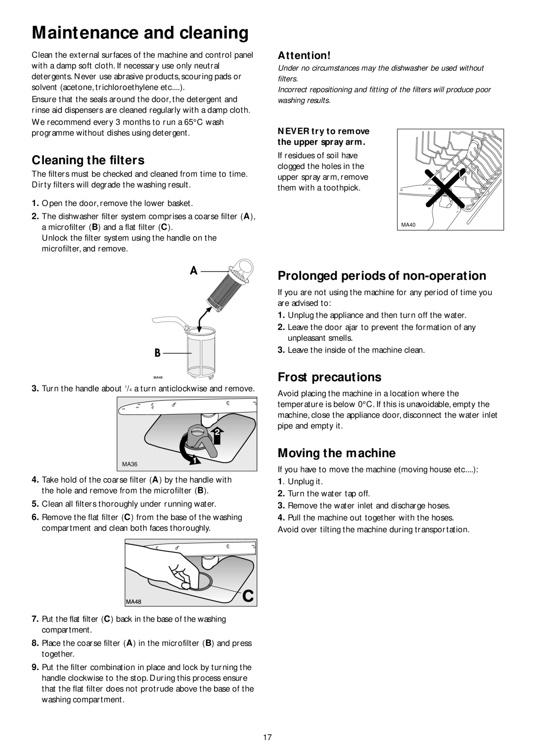 John Lewis JLDWW 1201 instruction manual Maintenance and cleaning, Cleaning the filters, Prolonged periods of non-operation 