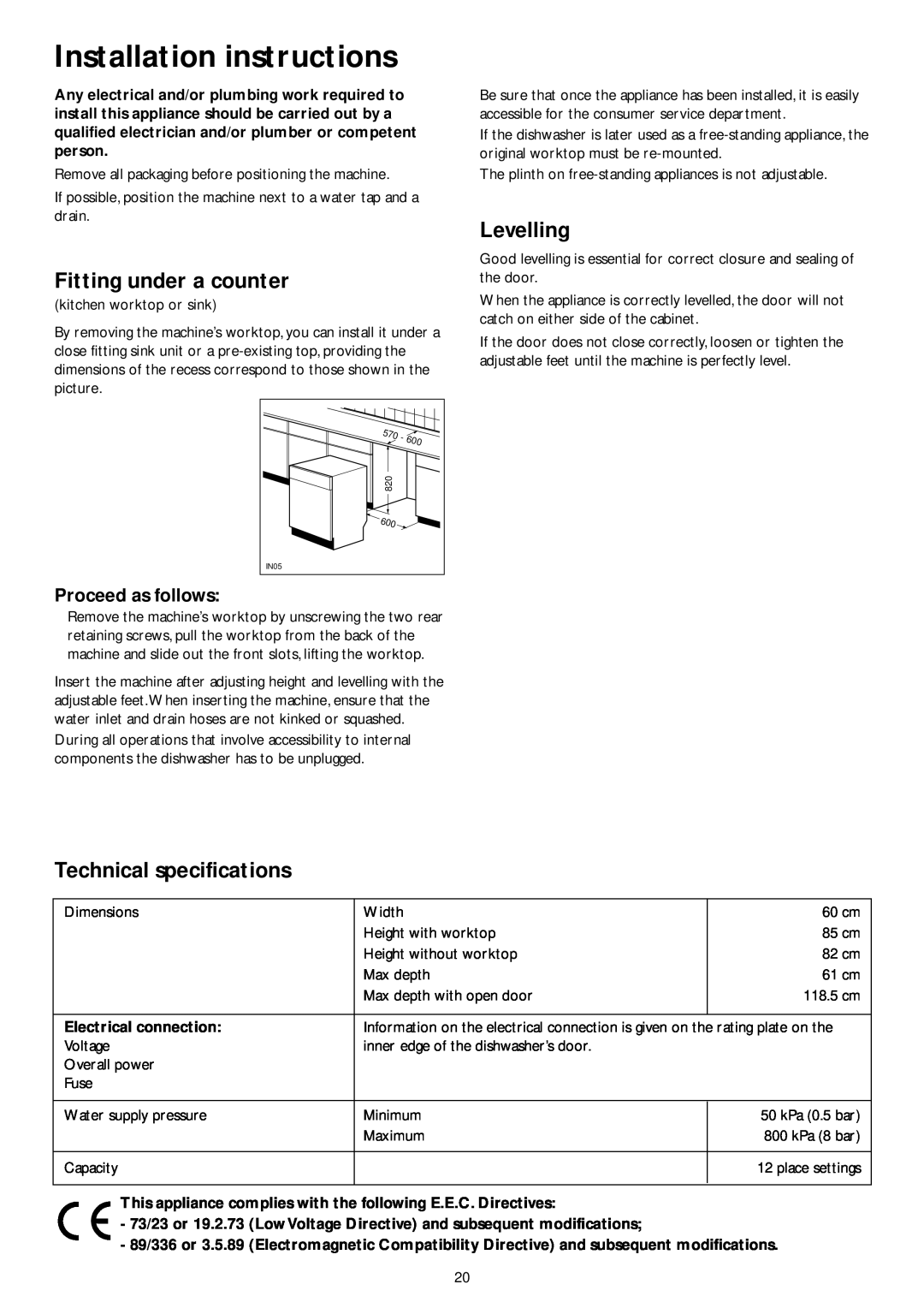John Lewis JLDWW 1201 Installation instructions, Fitting under a counter, Levelling, Technical specifications 