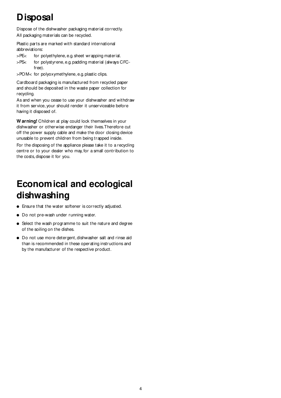 John Lewis JLDWW 1201 instruction manual Disposal, Economical and ecological dishwashing 