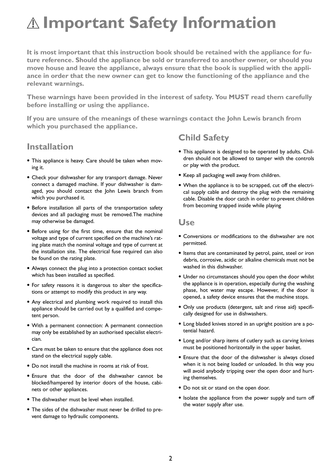 John Lewis JLDWW 1203 instruction manual Important Safety Information, Installation, Child Safety, Use 