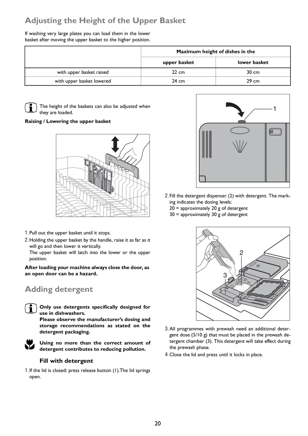 John Lewis JLDWW 1203 Adjusting the Height of the Upper Basket, Adding detergent, Maximum height of dishes 