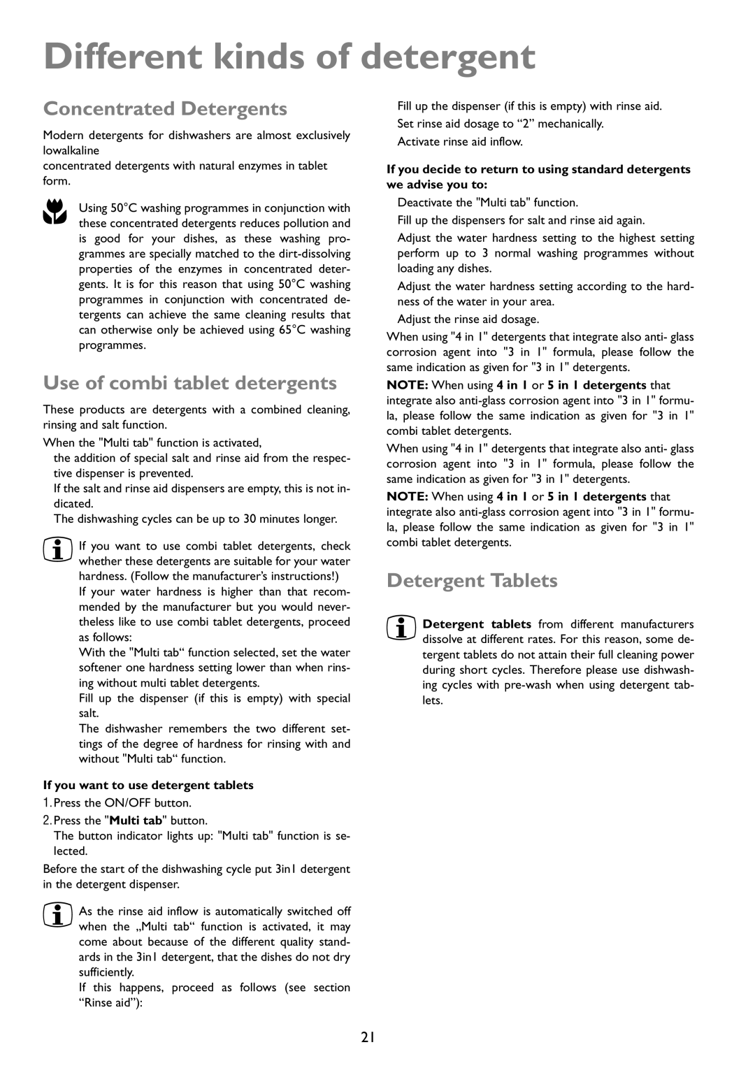 John Lewis JLDWW 1203 Different kinds of detergent, Concentrated Detergents, Use of combi tablet detergents 