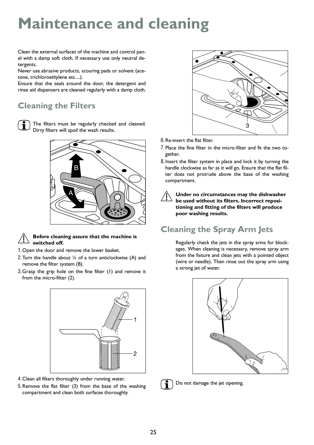 John Lewis JLDWW 1203 instruction manual Maintenance and cleaning, Cleaning the Filters, Cleaning the Spray Arm Jets 