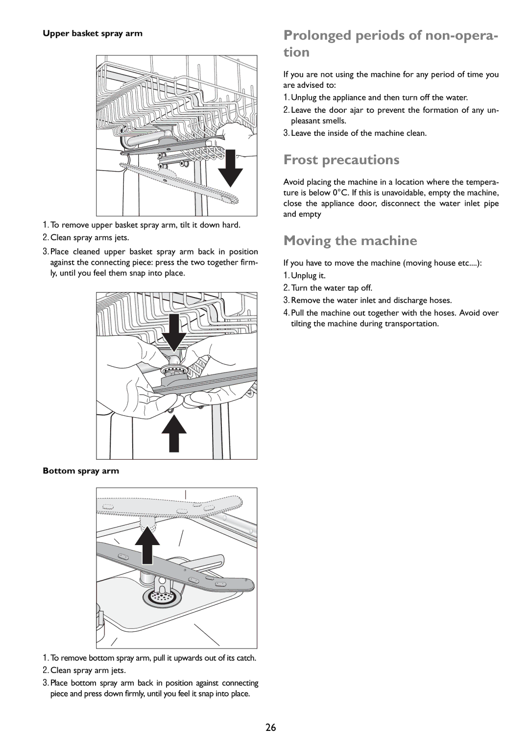 John Lewis JLDWW 1203 Prolonged periods of non-opera- tion, Frost precautions, Moving the machine, Upper basket spray arm 