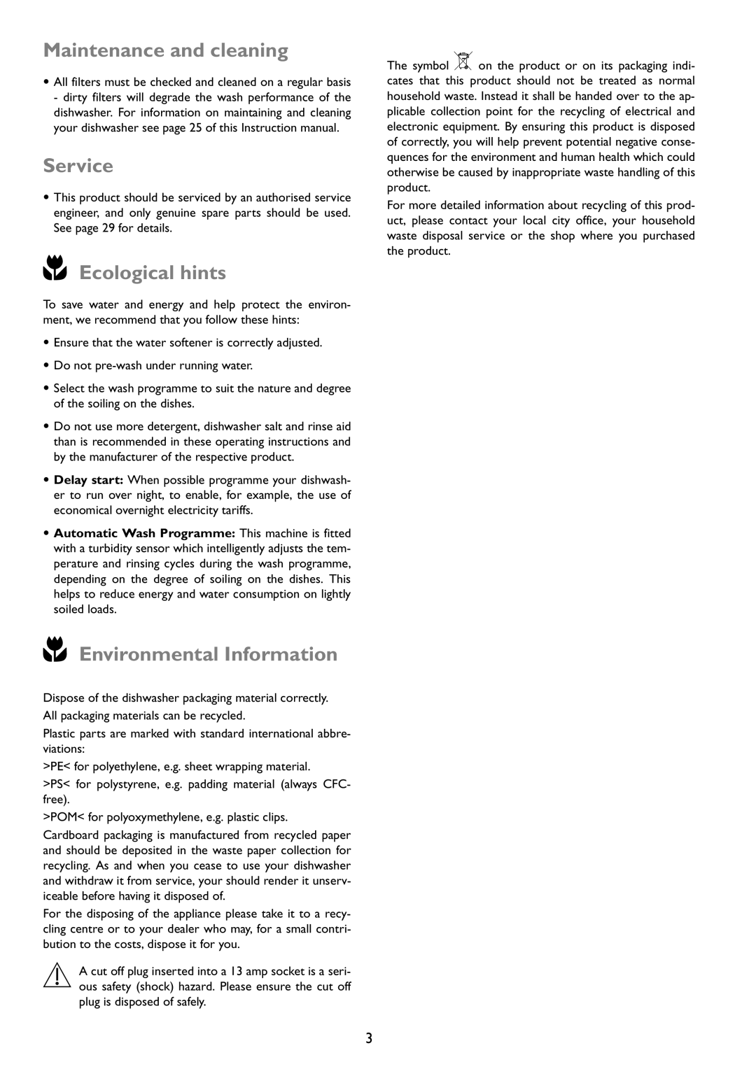 John Lewis JLDWW 1203 instruction manual Maintenance and cleaning Service, Ecological hints, Environmental Information 