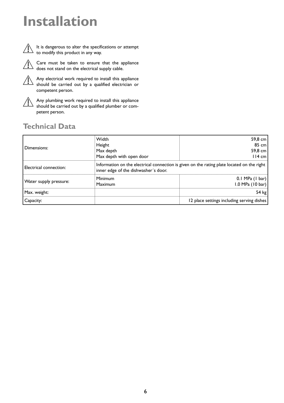 John Lewis JLDWW 1203 instruction manual Installation, Technical Data 