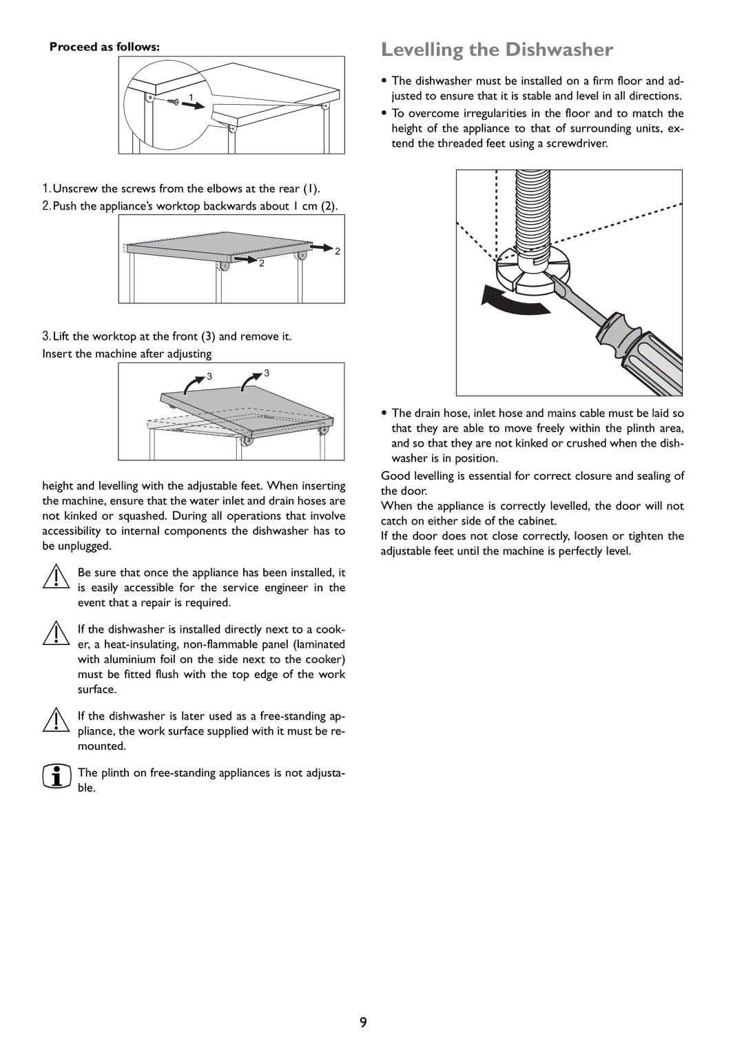 John Lewis JLDWW 1203 instruction manual Levelling the Dishwasher, Proceed as follows 