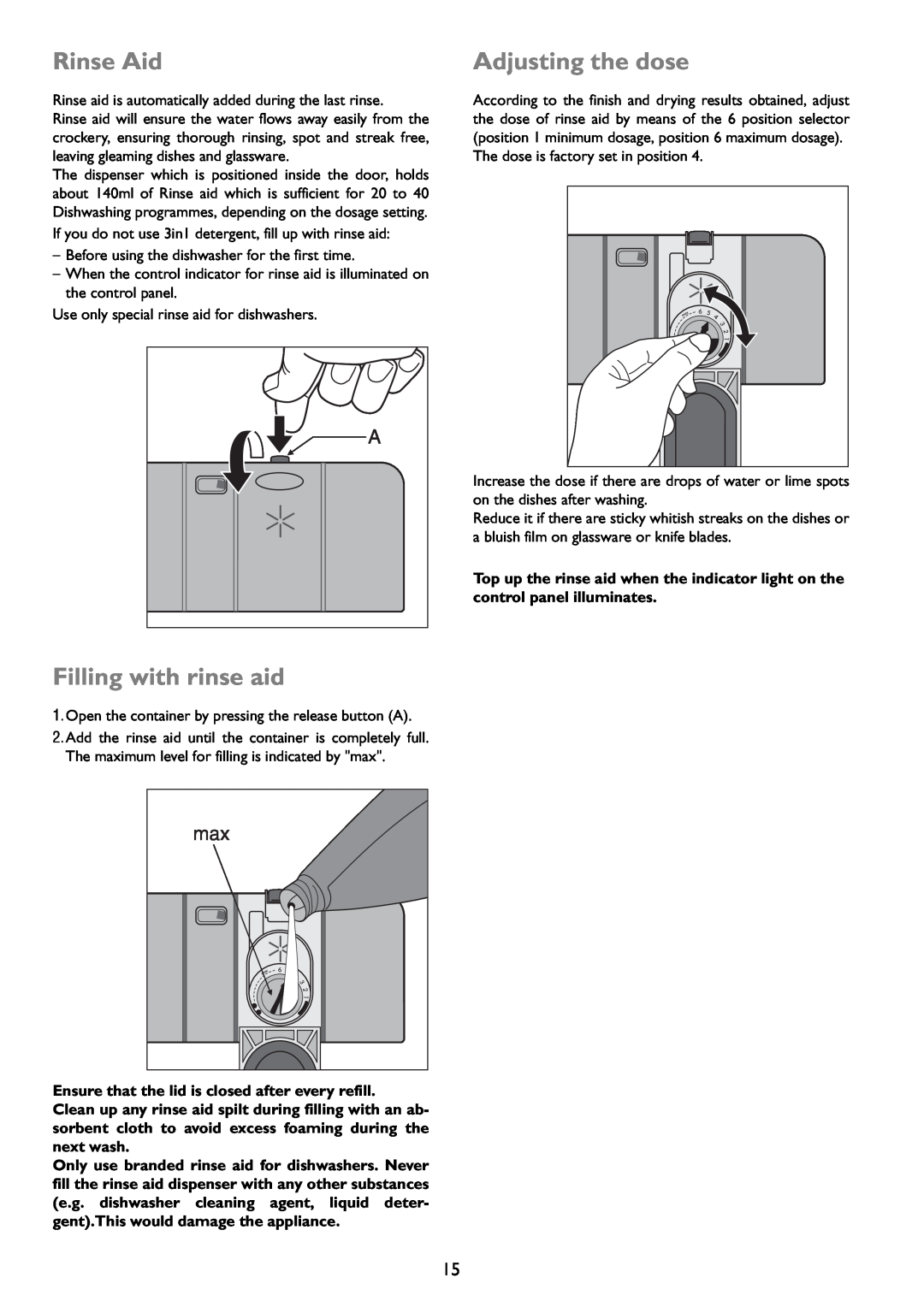 John Lewis JLDWW 1203 instruction manual Rinse Aid, Filling with rinse aid, Adjusting the dose 