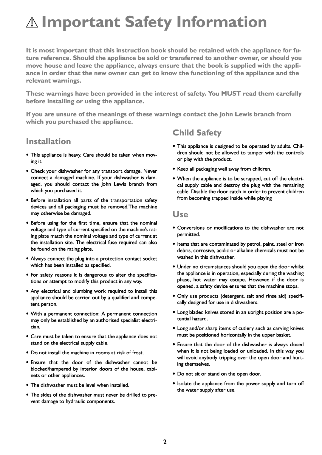 John Lewis JLDWW 1203 instruction manual Important Safety Information, Installation, Child Safety 