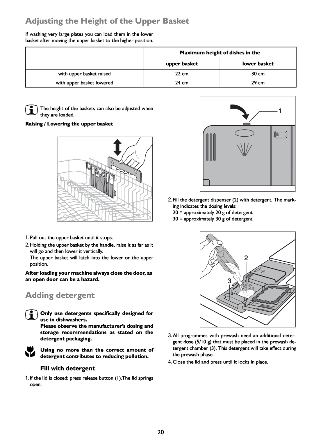 John Lewis JLDWW 1203 instruction manual Adjusting the Height of the Upper Basket, Adding detergent, Fill with detergent 