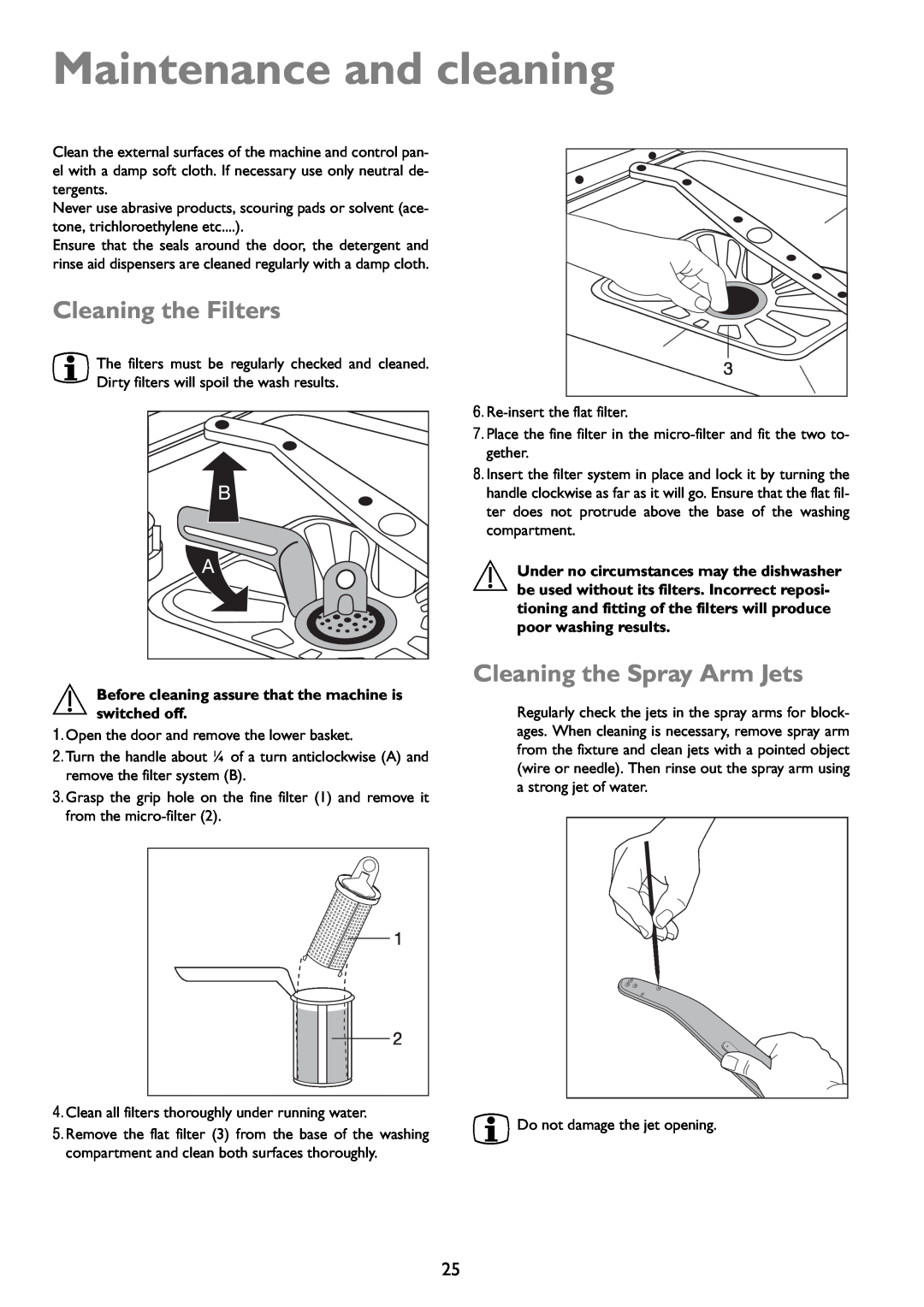 John Lewis JLDWW 1203 instruction manual Maintenance and cleaning, Cleaning the Filters, Cleaning the Spray Arm Jets 