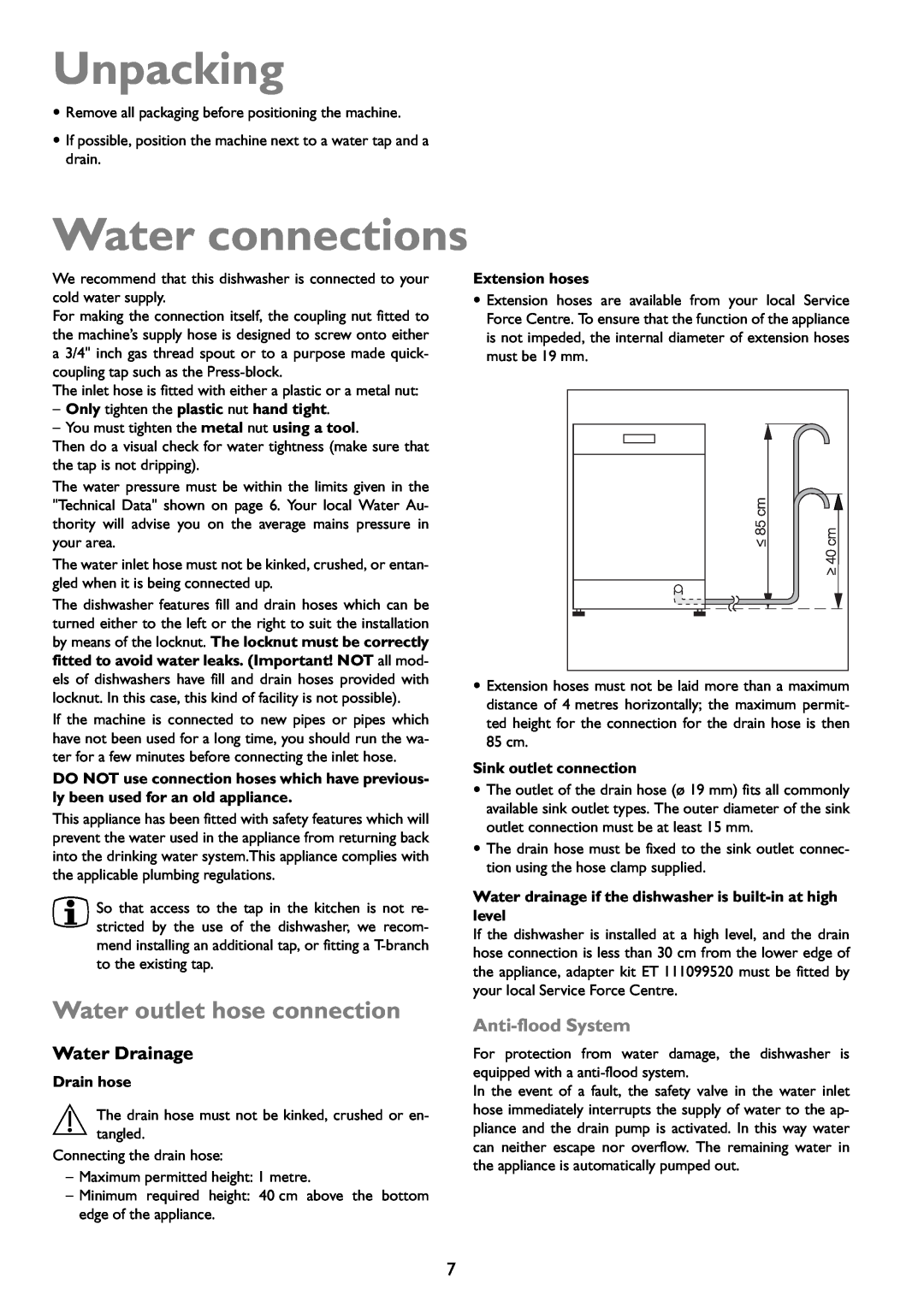 John Lewis JLDWW 1203 instruction manual Unpacking, Water connections, Water outlet hose connection, Water Drainage 
